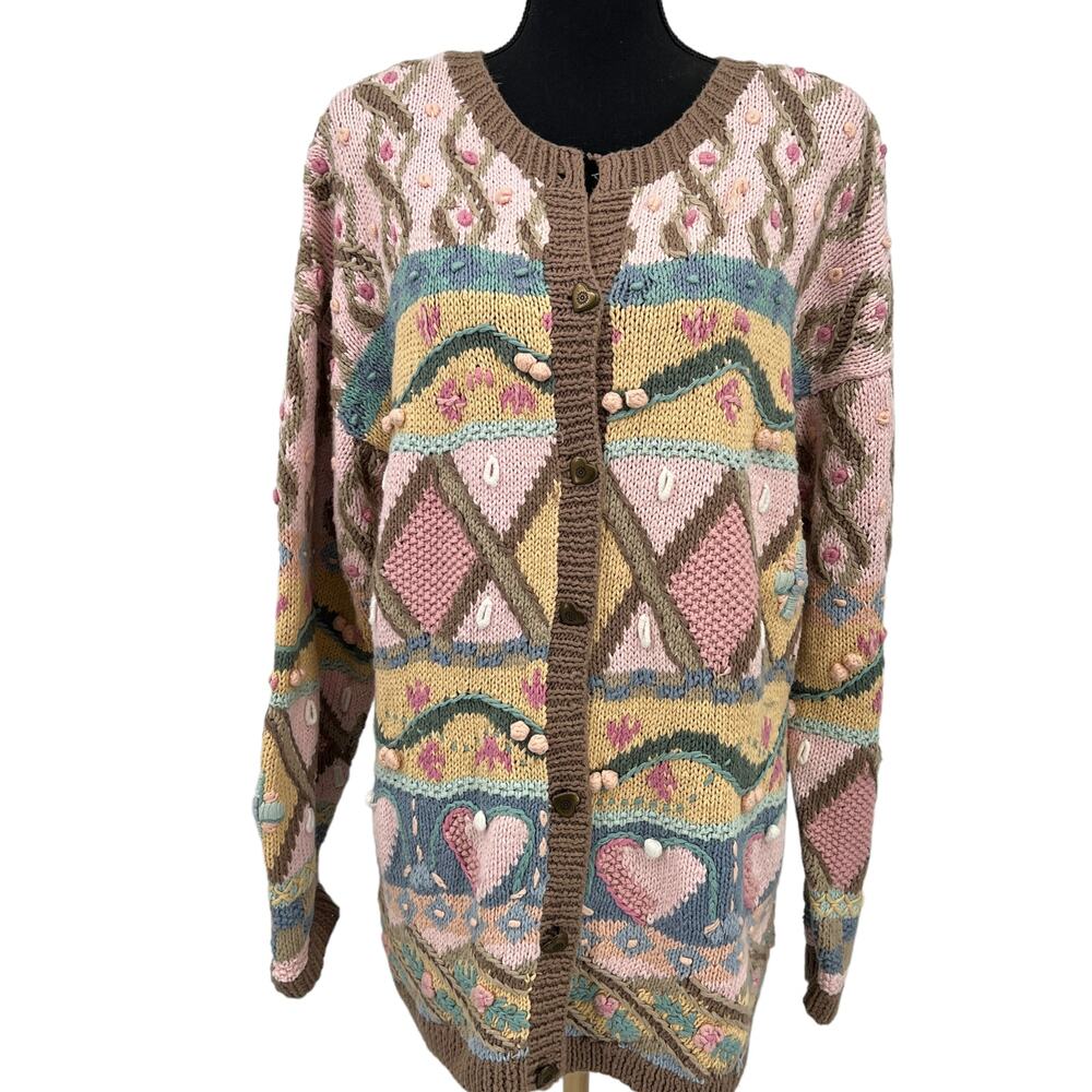 Vintage Maurices Hand Knit Pastel Cotton Blend Bobble Knit Cardigan Large